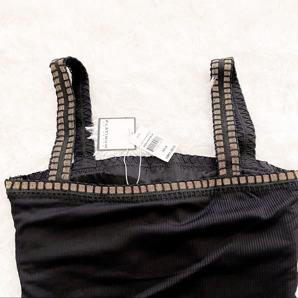 Platinum Swimwear Black Square Neck One Piece Swimsuit with Gold Trim SZ S BNWT